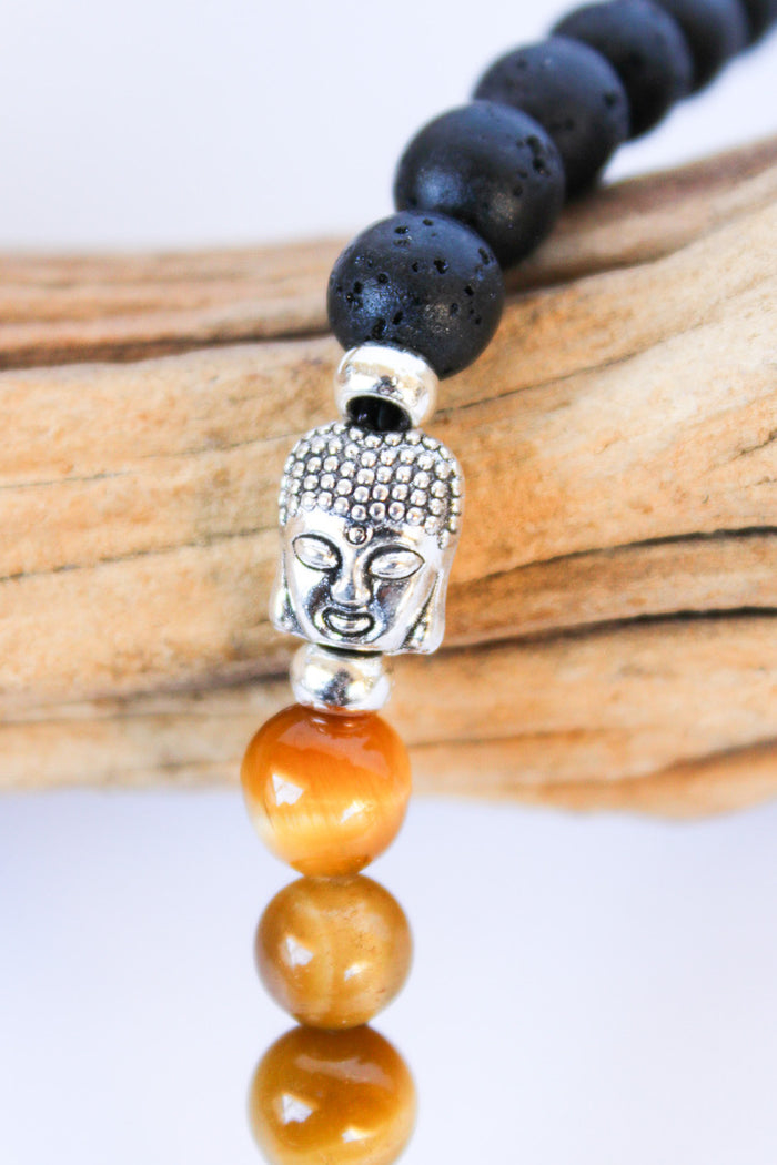 Unisex Buddha, Lava Stone, and Tiger Eye Toggle Bracelet