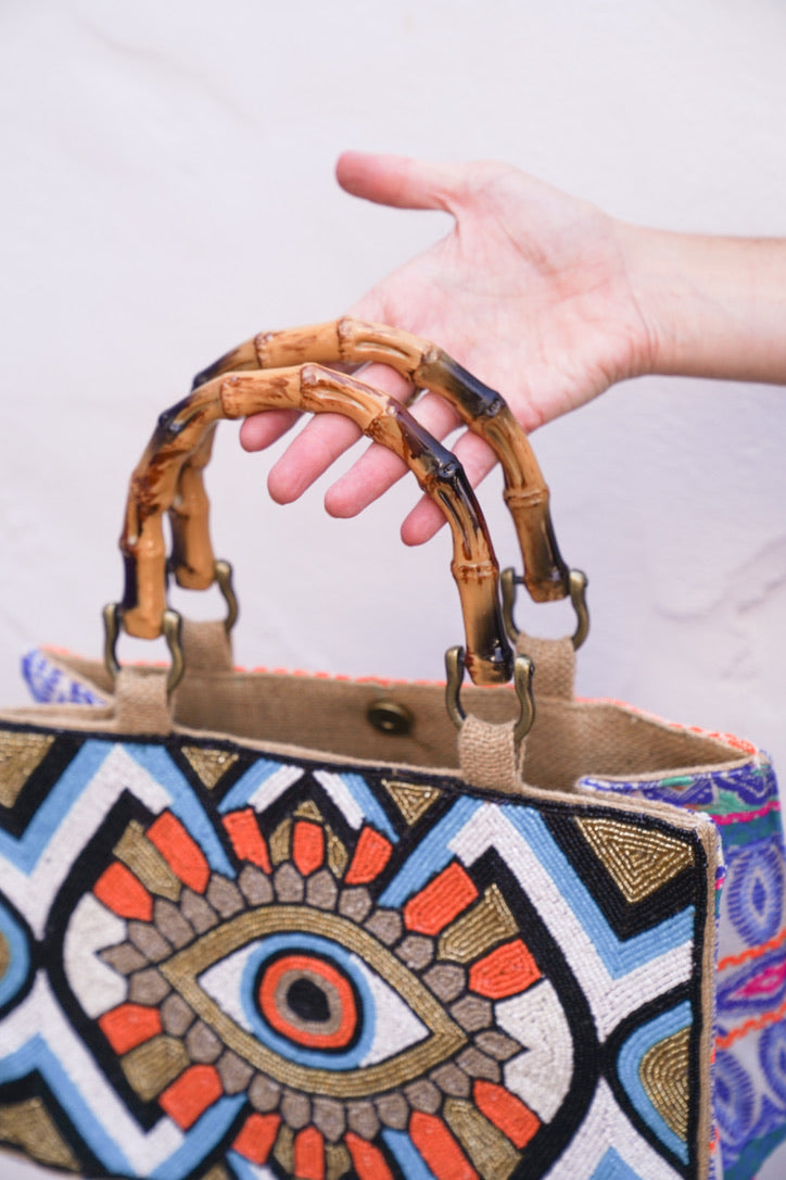 Boho Burlap Evil Eye Purse