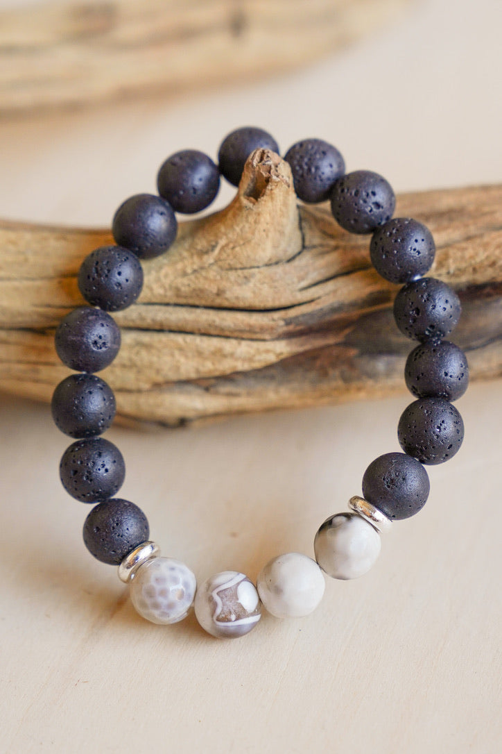 Unisex Lava Stone and Howlite Stretch Bracelet