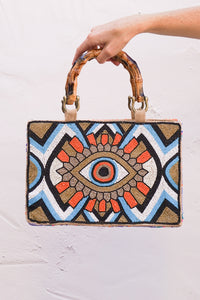 Boho Burlap Evil Eye Purse