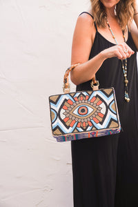 Boho Burlap Evil Eye Purse
