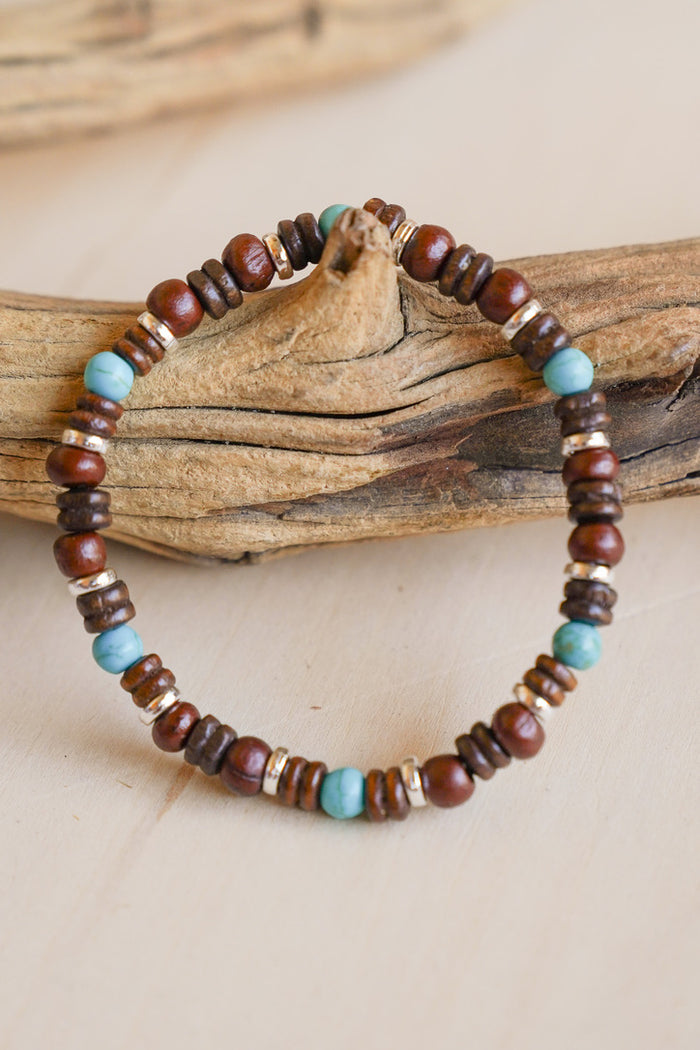 Unisex Wood & Turquoise Stone Stretch Bracelet