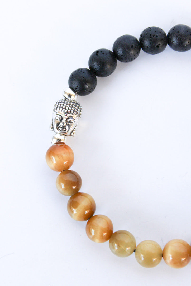 Unisex Buddha, Lava Stone, and Tiger Eye Toggle Bracelet