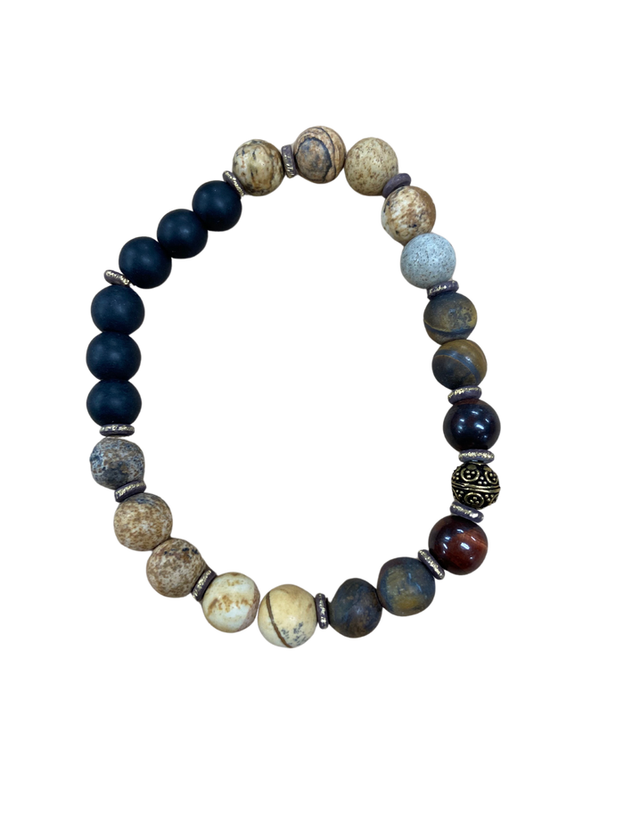 Unisex Picture Jasper and Red Tiger Eye Stretch Bracelet