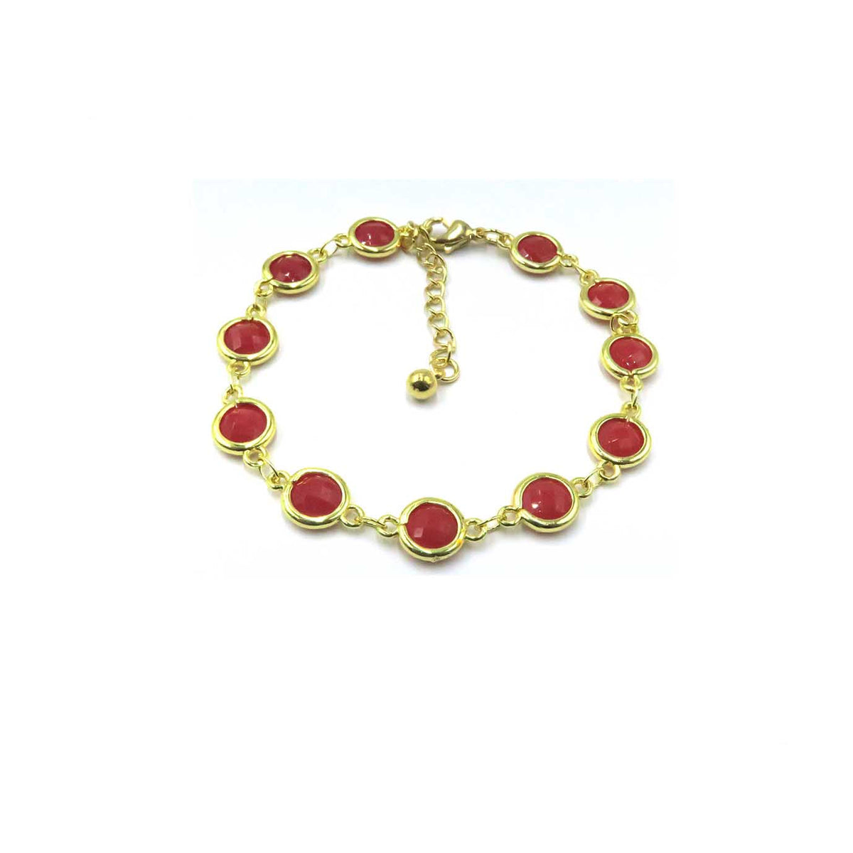 A gold-plated bracelet featuring seven oval red cabochon stones set in a row, displayed on a clean white background with product code CHB0033-16 in the corners.