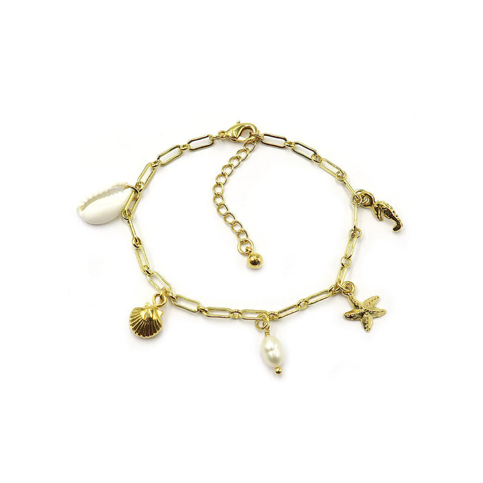 A gold-tone chain anklet featuring seashell and starfish charms, displayed on a clean white background with product code CHB0306-01.