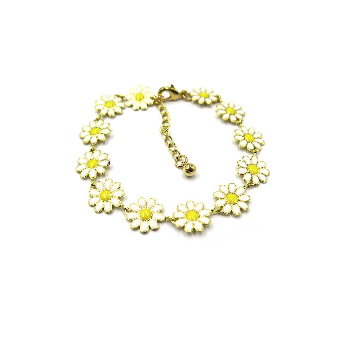 A gold-plated bracelet featuring a series of daisy flower charms with white enamel petals and yellow centers, arranged in a circle on a plain white background.