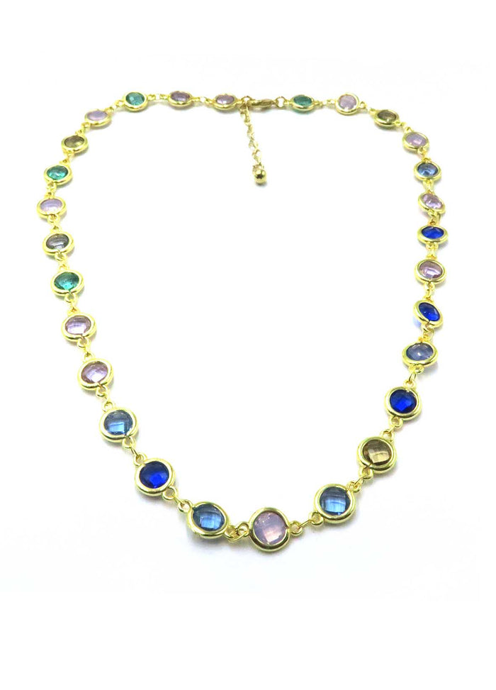 A gold-plated link necklace featuring oval and round bezel-set multicolor gemstones, displayed on a clean white background.
