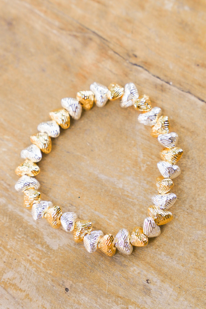 Brushed Hearts Silver and Gold Plated Alloy Stretch Bracelet