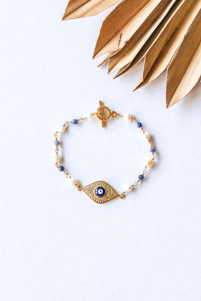 18K Toggle Evil Eye Pearl & Lapis Lazuli Bracelet