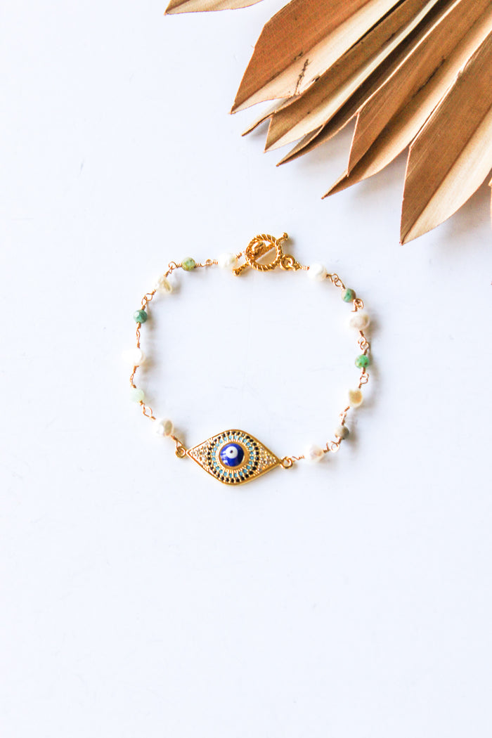 18K Toggle Evil Eye Pearl & Amazonite Bracelet