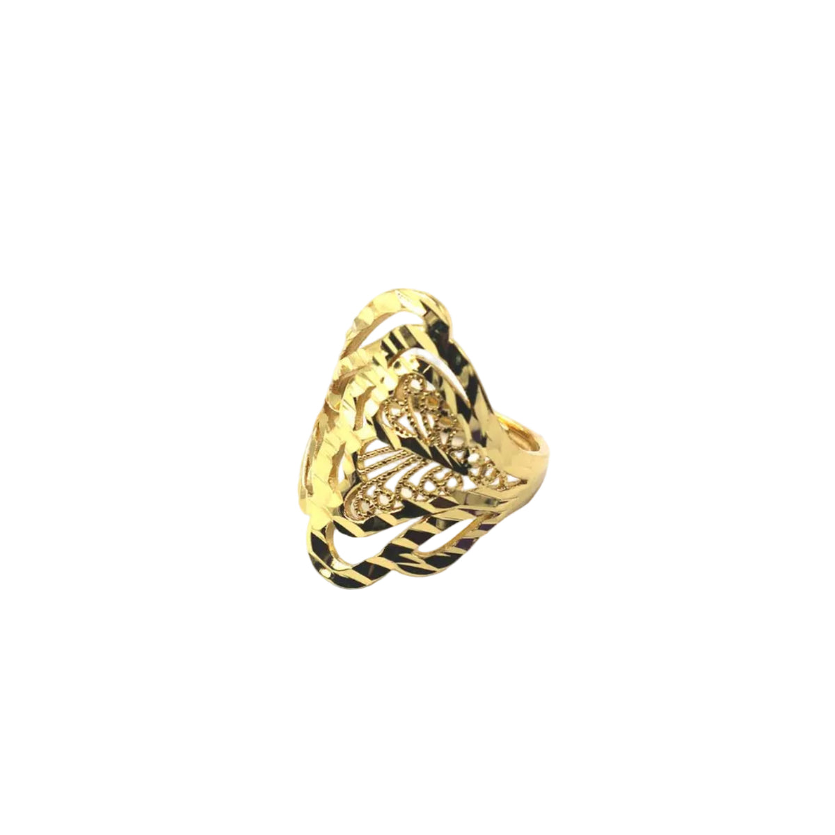 A gold ring with a textured, openwork design featuring a central floral motif and braided details, shown on a plain white background with black text labels in the corners.