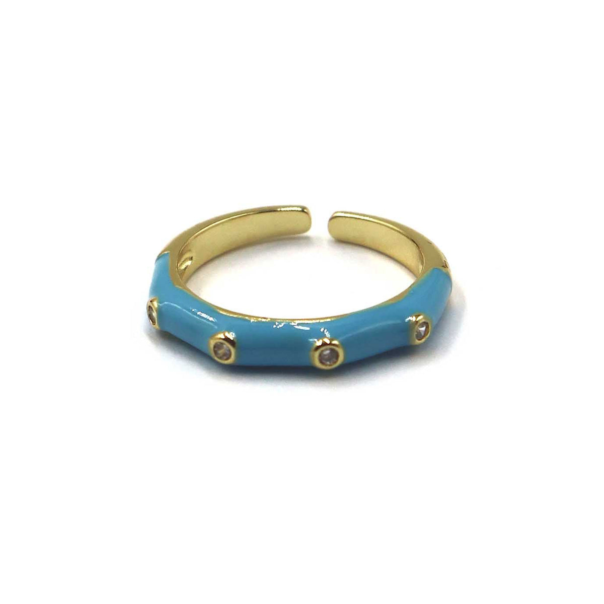 A gold-plated open cuff bracelet with a glossy turquoise blue enamel inlay and small gold bezel-set clear stones, shown on a white background with text overlays MER1246-02.