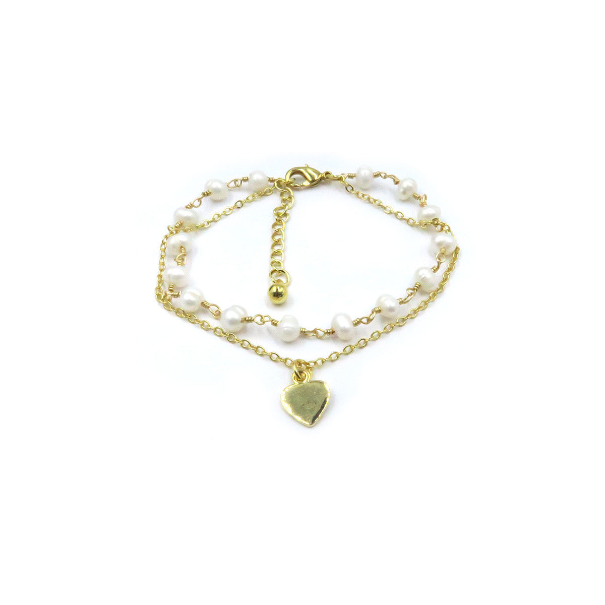 A double-strand gold chain bracelet featuring small white freshwater pearls and a polished gold heart-shaped charm, displayed on a clean white background with product code PEB0153-01.