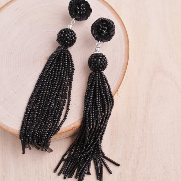 Black Beaded Tassel Earring