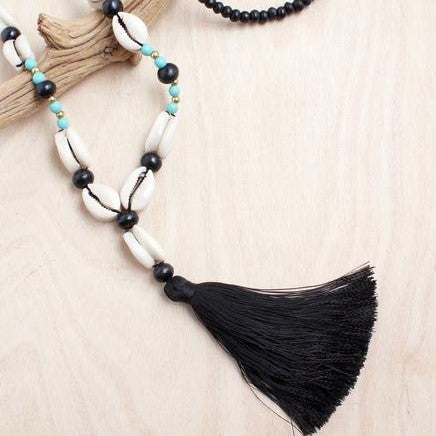 Black Wood Cowrie Tassel Necklace