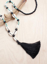 Black Wood Cowrie Tassel Necklace