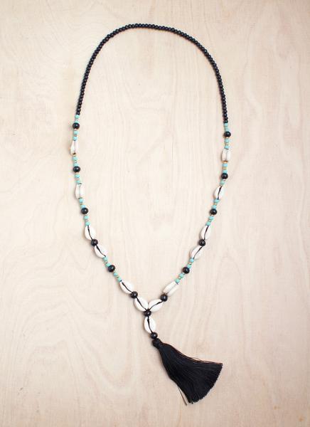Black Wood Cowrie Tassel Necklace