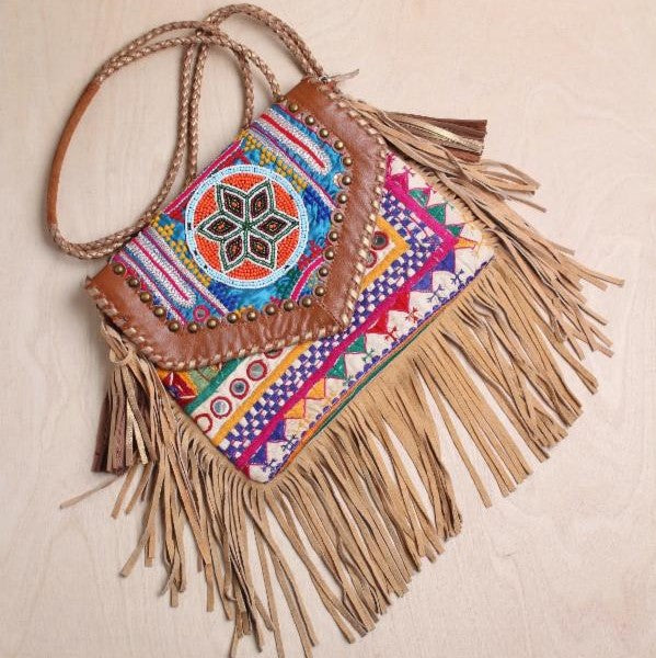 India Leather Fringe Cross Body Bag