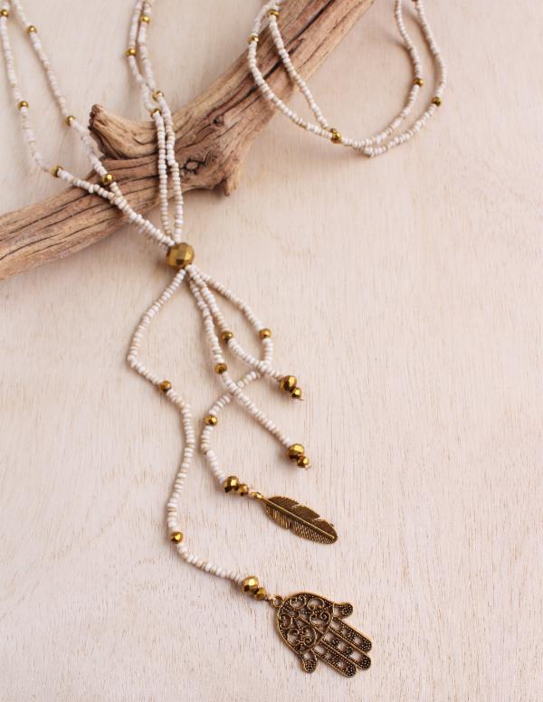 Golden Hamsa & Feather Necklace