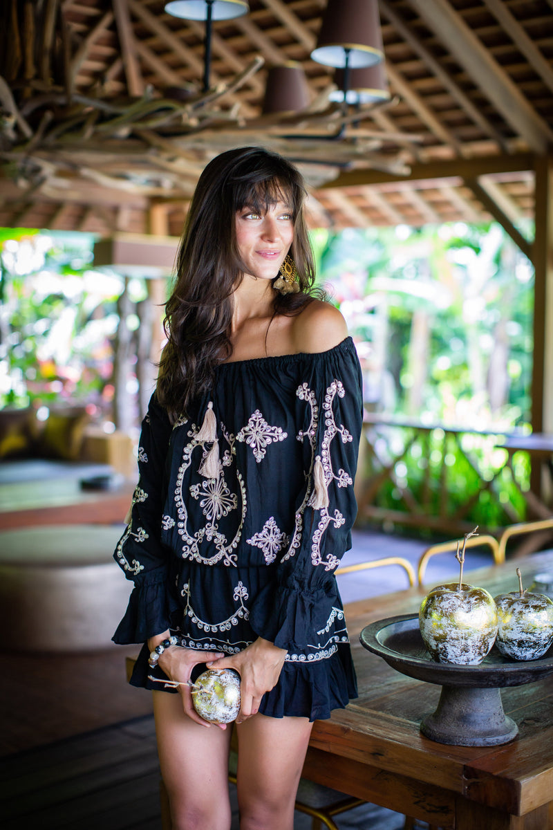 Bali Queen, Coco Rose, Resort Wear, Pool Wear, Bathing suit coverup, summer, summer style, boutique, bali, travel, boho style, sundress, roseta, embroidered, sequin, off the shoulder