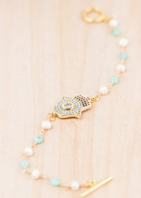 18K Toggle Hamsa Pearl & Amazonite Bracelet