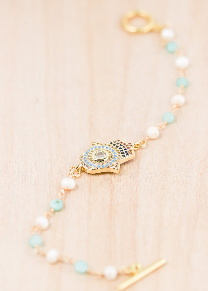 18K Toggle Hamsa Pearl & Amazonite Bracelet