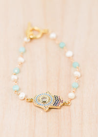 18K Toggle Hamsa Pearl & Amazonite Bracelet