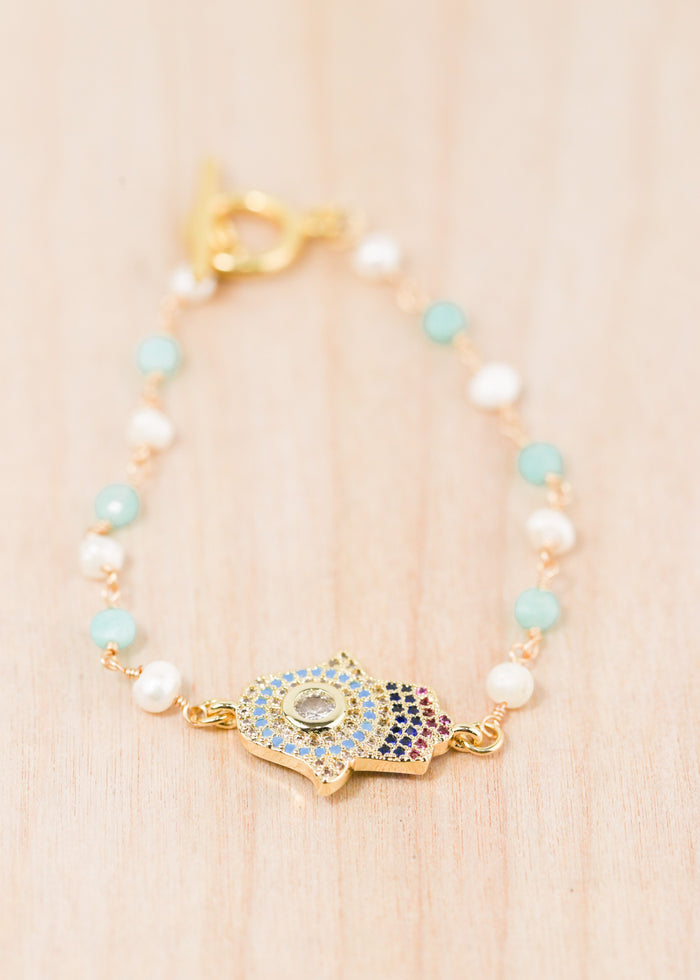18K Toggle Hamsa Pearl & Amazonite Bracelet