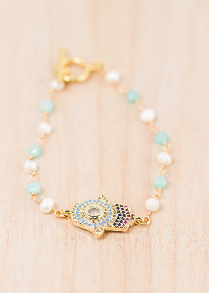18K Toggle Hamsa Pearl & Amazonite Bracelet