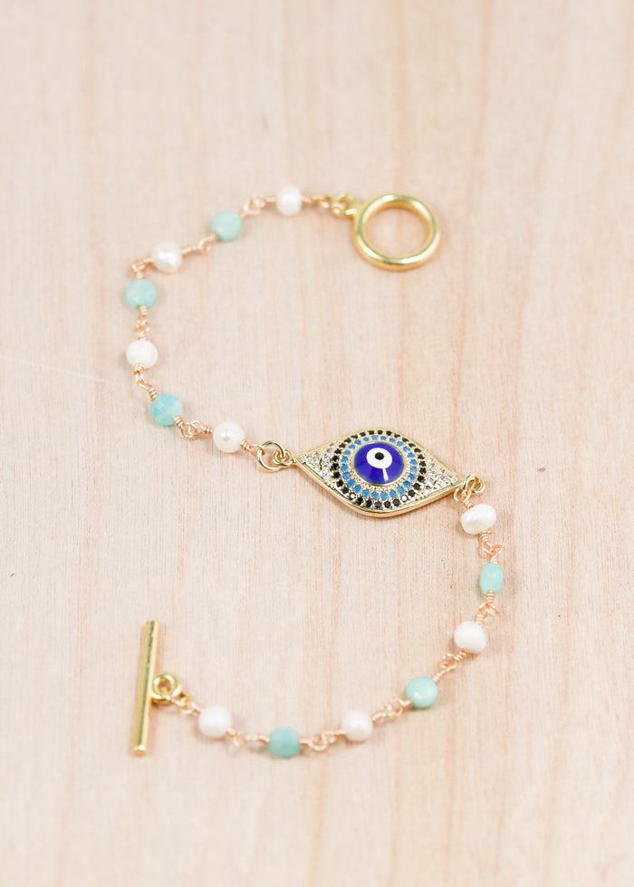 18K Toggle Evil Eye Pearl & Amazonite Bracelet
