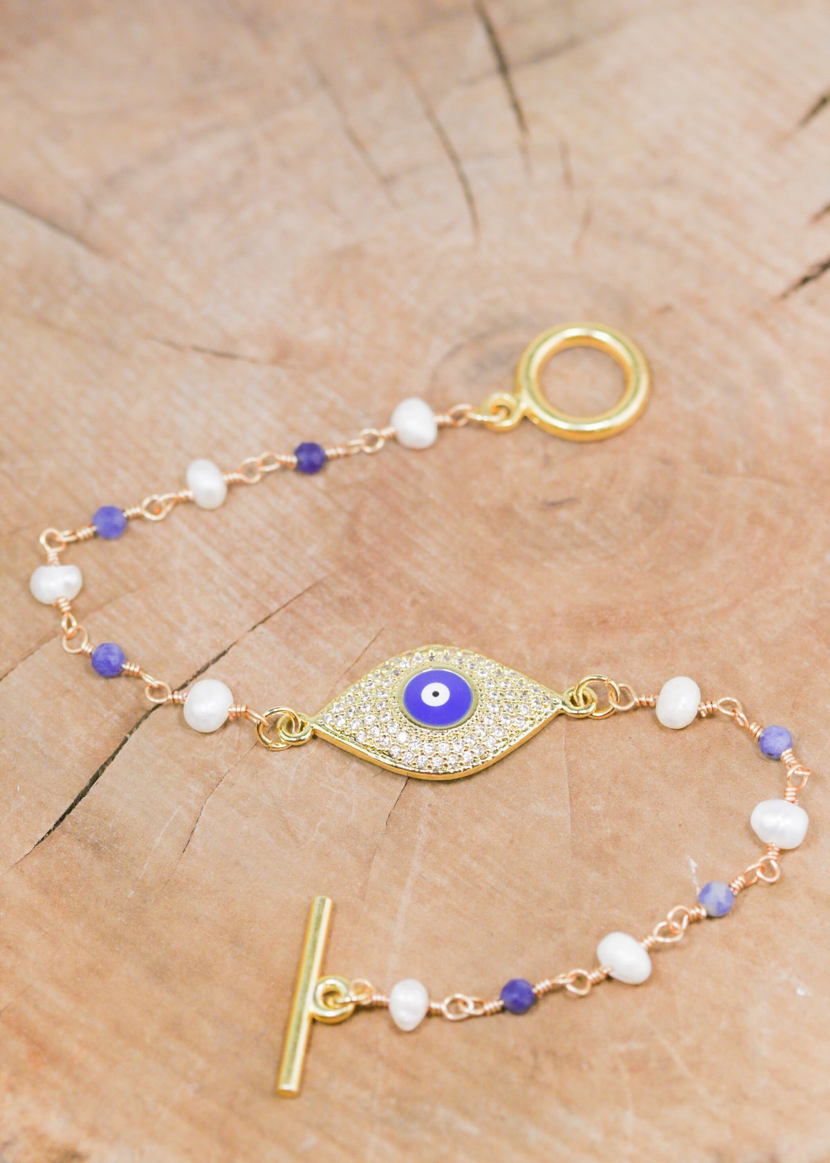 18K Toggle Evil Eye Pearl & Lapis Lazuli Bracelet | Shop Bali Queen