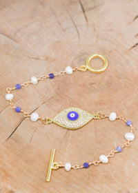 18K Toggle Evil Eye Pearl & Lapis Lazuli Bracelet | Shop Bali Queen