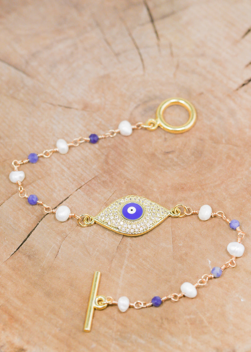 18K Toggle Evil Eye Pearl & Lapis Lazuli Bracelet | Shop Bali Queen