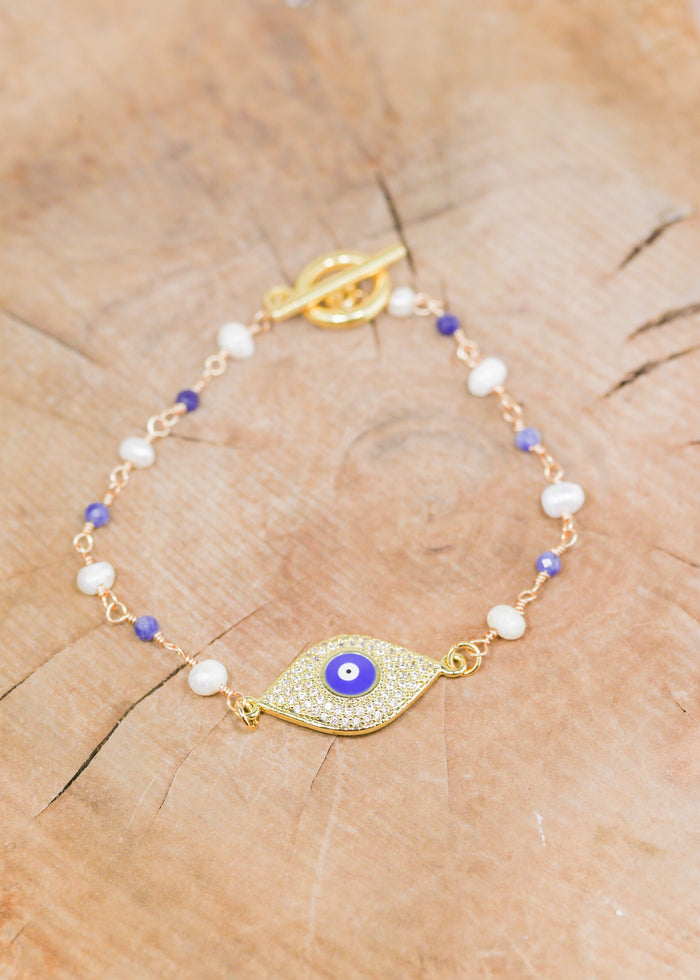 18K Toggle Evil Eye Pearl & Lapis Lazuli Bracelet