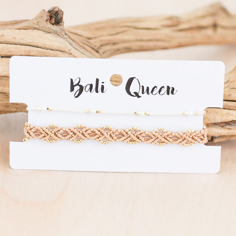 Bella Pearl & Macrame 2-Pack Pull Bracelets | Shop Bali Queen