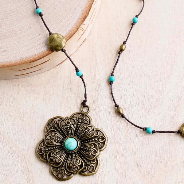 Bronze & Turquoise Flower Alloy Necklace