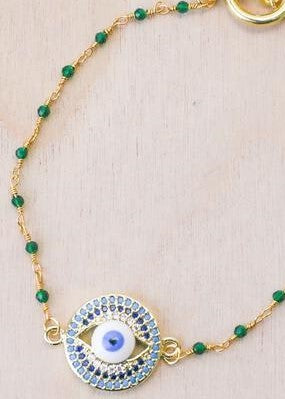 18K Toggle Evil Eye Emerald Stone Bracelet