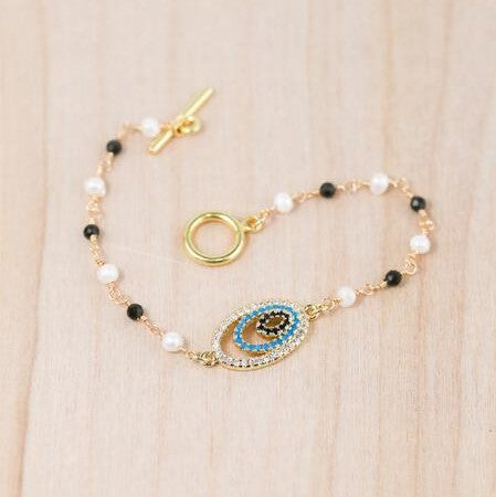 18K Toggle Evil Eye Pearl & Onyx Bracelet