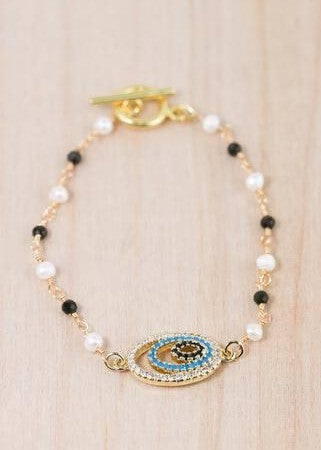 18K Toggle Evil Eye Pearl & Onyx Bracelet