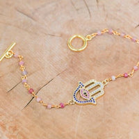 18K Toggle Hamsa Rhodonite Bracelet