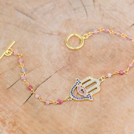 18K Toggle Hamsa Rhodonite Bracelet